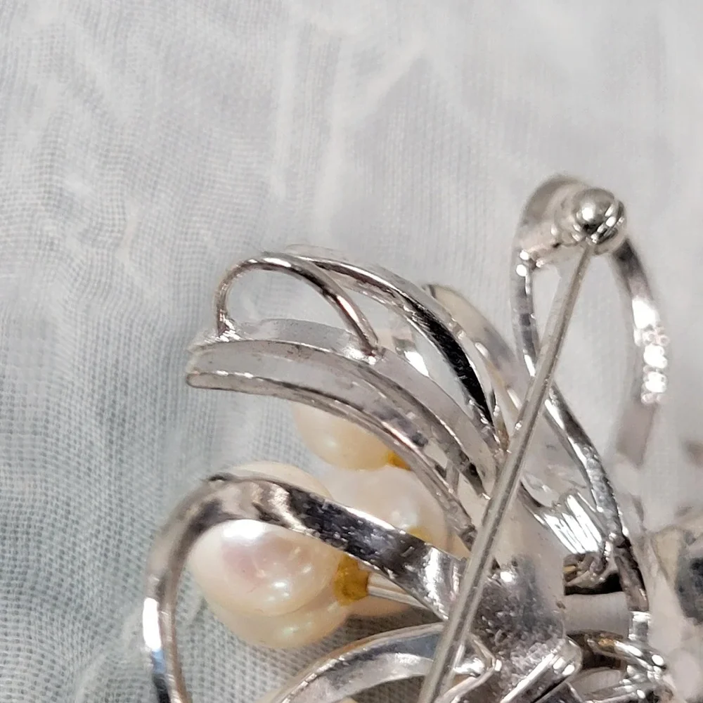 Vintage Sterling Silver Cultured Pearl Ribbon Spray Brooch Pin 11.73g